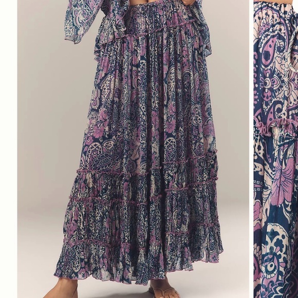 Anthropologie Bohemian Ruffled Paisley Maxi Skirt & Top Set Purple Size Small - Picture 3 of 11